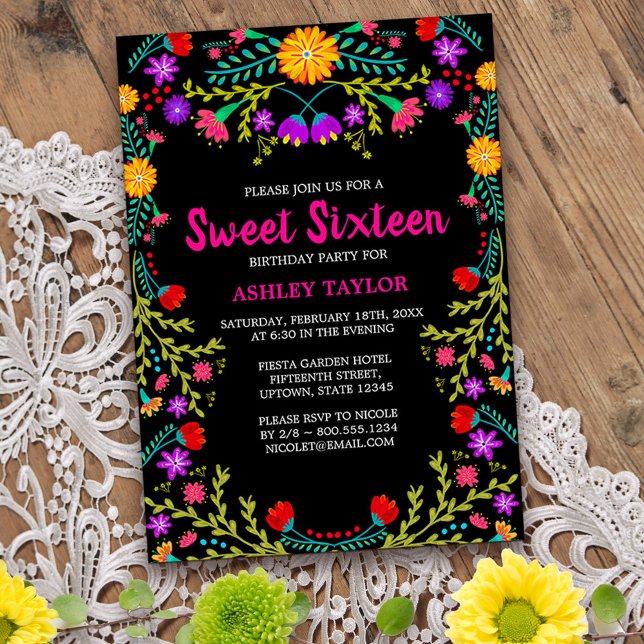 Sweet Sixteen Black Mexican Fiesta Folk Art Floral Invitation (Sweet 16 invitation from my Mexican Fiesta Floral collection
)