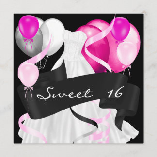 Sweet Sixteen Black Pink White Dress Balloons Invitation