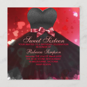 Sweet Sixteen Black & Red Dress/Heart Invitation