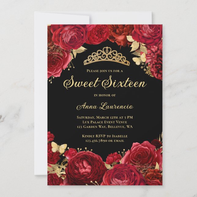 Sweet Sixteen Black Red Roses Floral 16th Birthday Invitation (Front)