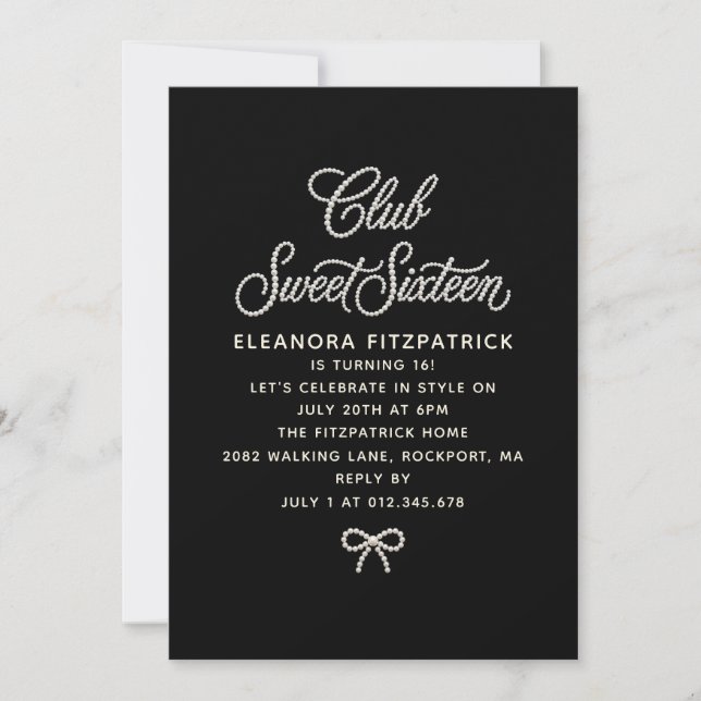 Sweet Sixteen Black White Pearl Script Bow Invitation (Front)