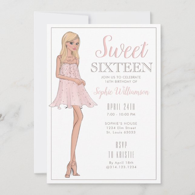 Sweet Sixteen Blonde Girl Birthday  Invitation (Front)