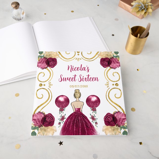 Sweet Sixteen Blonde Hair Princess in Burgundy Guest Book (Front Open)