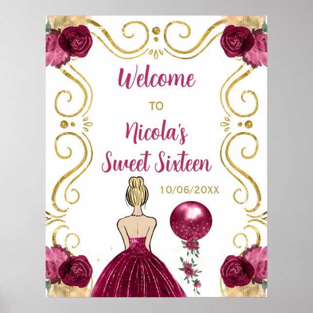 Sweet Sixteen Blonde Princess Burgundy Red Welcome Poster (Front)
