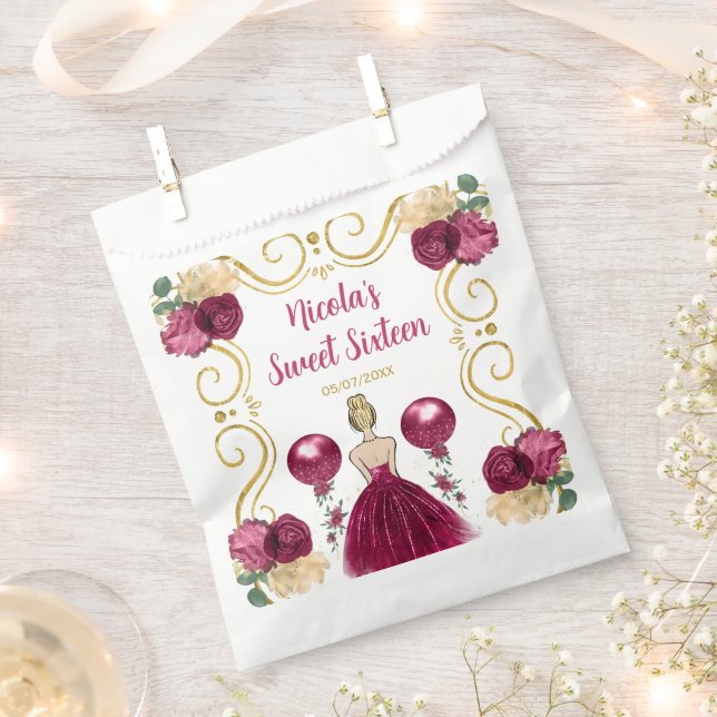 Sweet Sixteen Blonde Princess in Burgundy Red Favour Bag (Clipped)