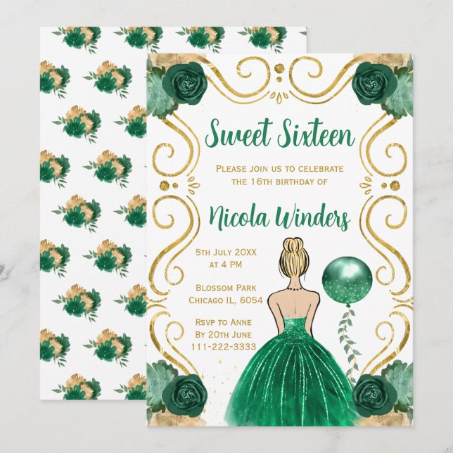 Sweet Sixteen Blonde Princess in Green Invitation (Front/Back)