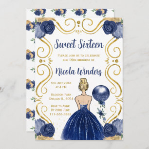 Sweet Sixteen Blonde Princess in Navy Invitation