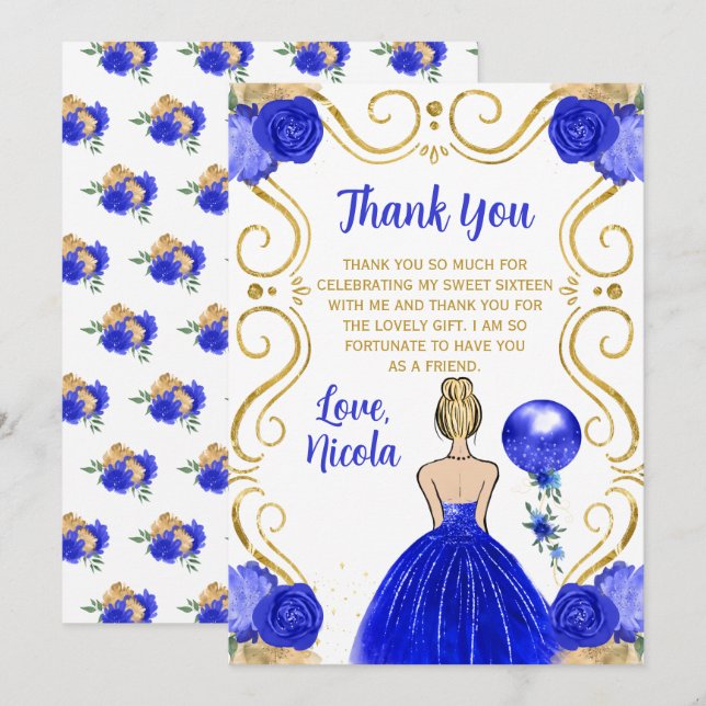 Sweet Sixteen Blonde Princess in Royal Blue  Thank You Card (Front/Back)