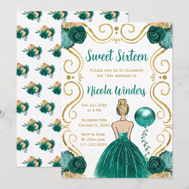 Sweet Sixteen Blonde Princess in Teal Invitation (Front/Back)