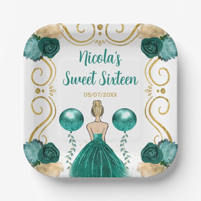 Sweet Sixteen Blonde Princess in Teal Paper Plate (Front)