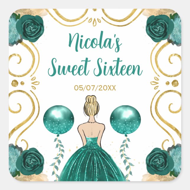 Sweet Sixteen Blonde Princess in Teal Square Sticker (Front)