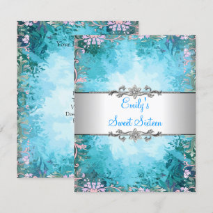 Sweet Sixteen Blue Floral with Silver Birthday Invitation