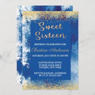 Sweet Sixteen Blue Gold Glitter Watercolor Invitation