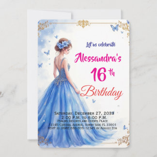 Sweet Sixteen Blue Gown Floral Elegant Birthday  Invitation