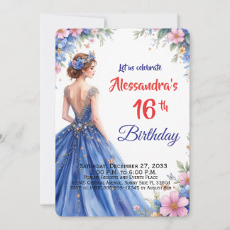Sweet Sixteen Blue Gown Floral Elegant Birthday  Invitation