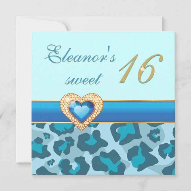 Sweet sixteen blue leopard jewel heart birthday invitation (Front)