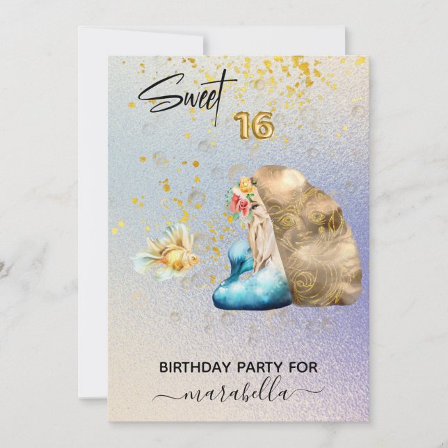 *~* SWEET SIXTEEN  Blue Mermaid Ombre 16 Birthday  Invitation (Front)