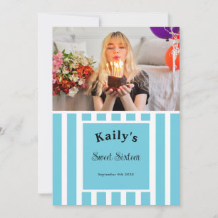 Sweet Sixteen Blue Stripe Photo Invitation