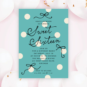 Sweet Sixteen Blue Turquoise Modern Stylish Bows Invitation