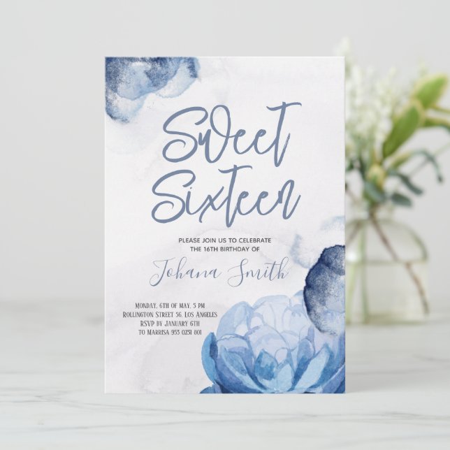 Sweet Sixteen Blue Watercolor 16th Birthday  Invitation (Standing Front)