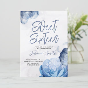 Sweet Sixteen Blue Watercolor 16th Birthday  Invitation