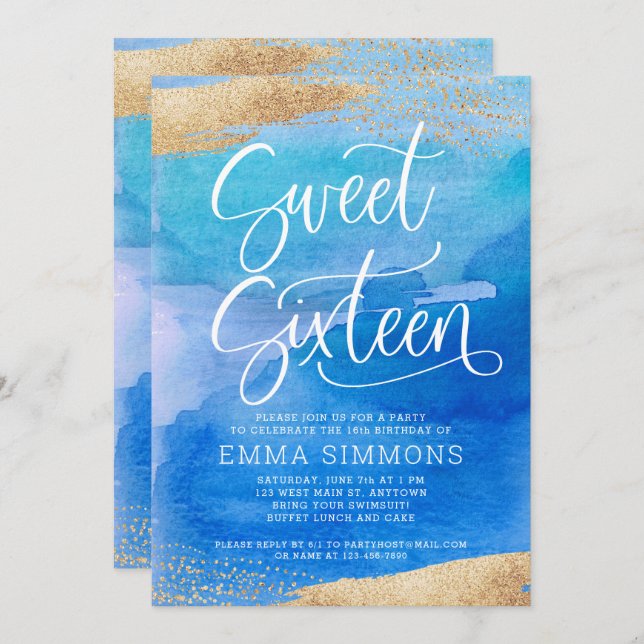 Sweet Sixteen Blue Watercolor Gold Birthday Invitation (Front/Back)