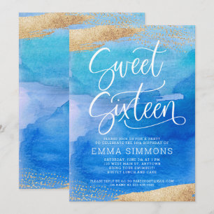 Sweet Sixteen Blue Watercolor Gold Birthday Invitation