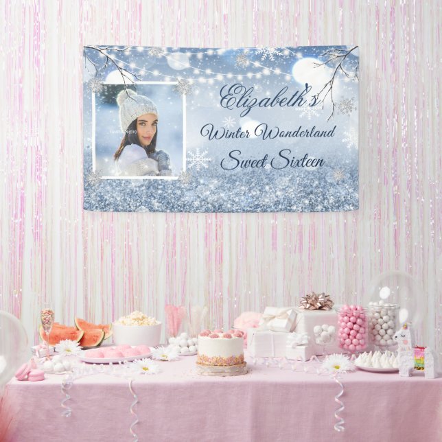 Sweet Sixteen Blue White Winter Wonderland Snow Banner (Party)