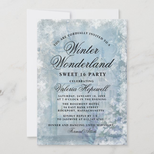 Sweet Sixteen Blue Winter Wonderland Snowflake Invitation (Front)