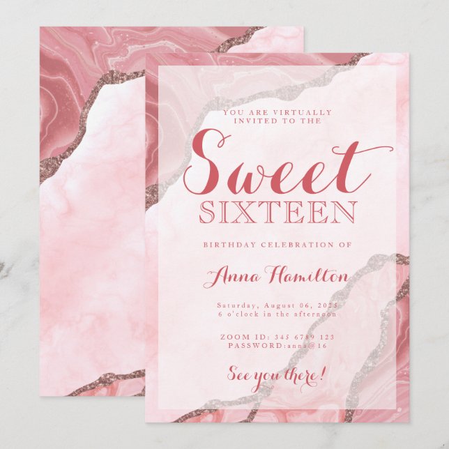 Sweet Sixteen Blush Pink Agate Virtual Birthday Invitation (Front/Back)