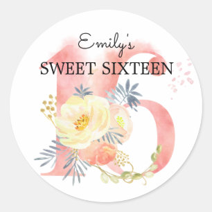 Sweet Sixteen Blush Pink Flower Number 16 Custom Classic Round Sticker