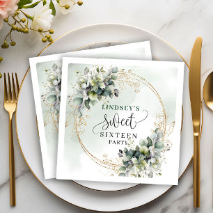 Sweet Sixteen Botanical Green Gold Watercolor Napk Napkin
