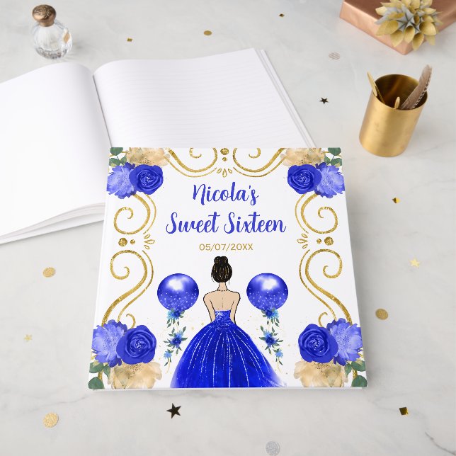 Sweet Sixteen Brown Hair Princess in Blue Guest Book (Front Open)