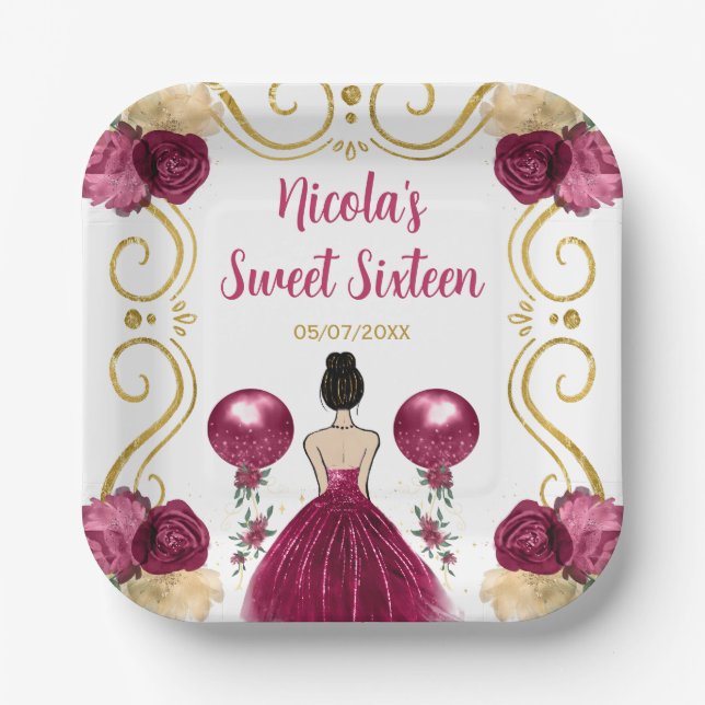 Sweet Sixteen Brown Hair Princess in Burgundy Red Paper Plate (Front)