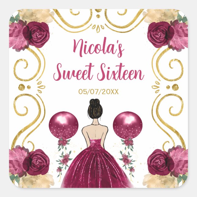 Sweet Sixteen Brown Hair Princess in Burgundy Red Square Sticker (Front)