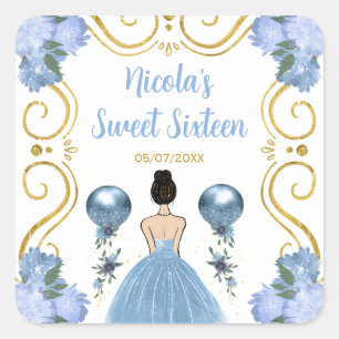 Sweet Sixteen Brown Hair Princess in Dusty Blue Square Sticker