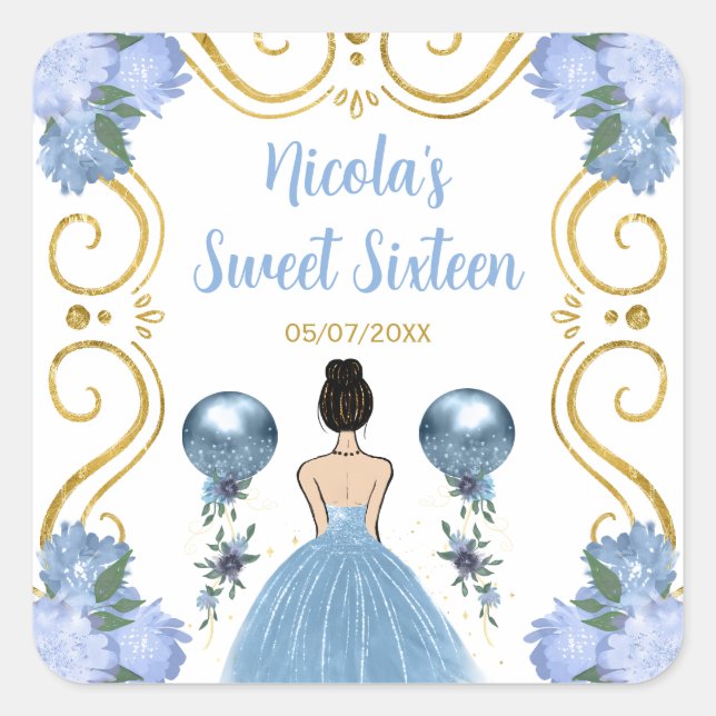 Sweet Sixteen Brown Hair Princess in Dusty Blue Square Sticker (Front)
