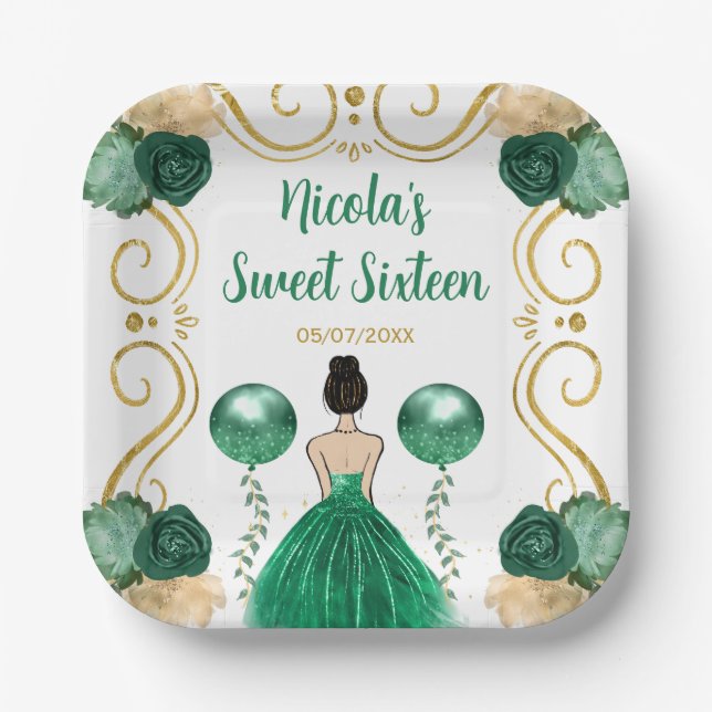 Sweet Sixteen Brown Hair Princess in Green Paper Plate (Front)