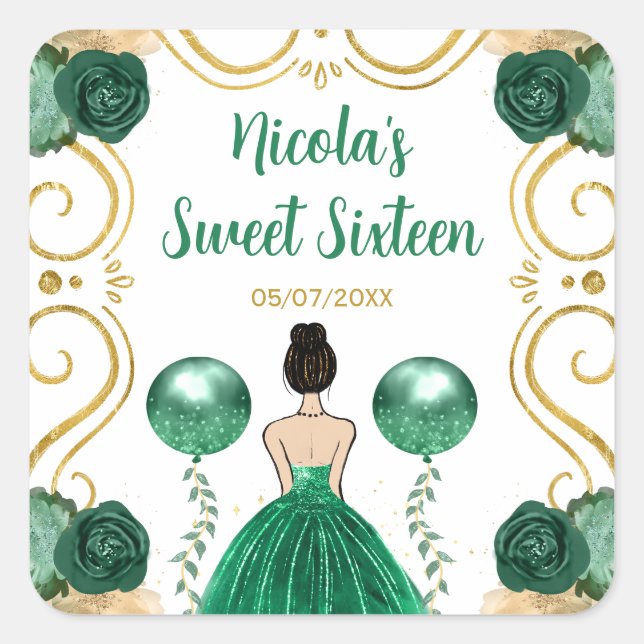 Sweet Sixteen Brown Hair Princess in Green Square Sticker (Front)