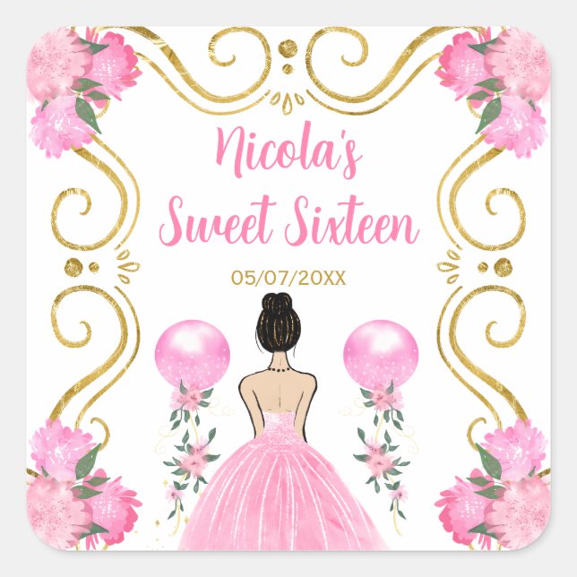 Sweet Sixteen Brown Hair  Princess in Pink Square Sticker (Front)