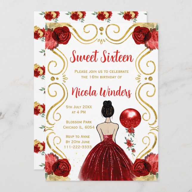 Sweet Sixteen Brown Hair Princess in Red Invitation (Front/Back)
