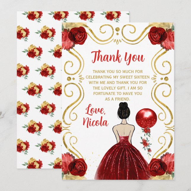 Sweet Sixteen Brown Hair Princess in Red Thank You Card (Front/Back)