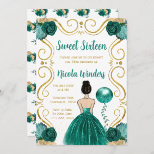 Sweet Sixteen Brown Hair Princess in Teal Invitation