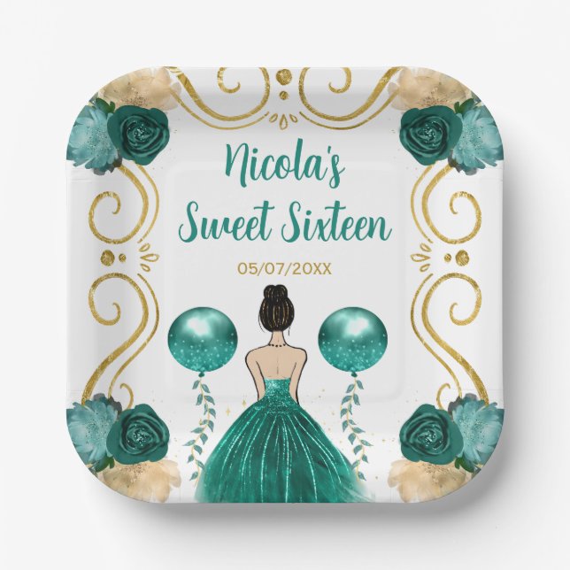 Sweet Sixteen Brown Hair Princess in Teal Paper Plate (Front)
