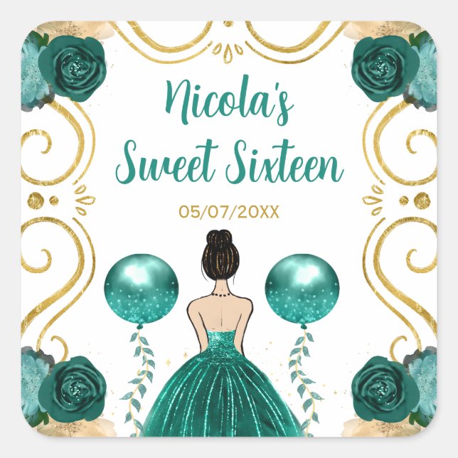 Sweet Sixteen Brown Hair Princess in Teal Square Sticker (Front)