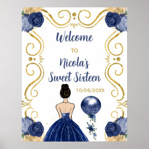 Sweet Sixteen Brown Hair Princess Navy Welcome Poster