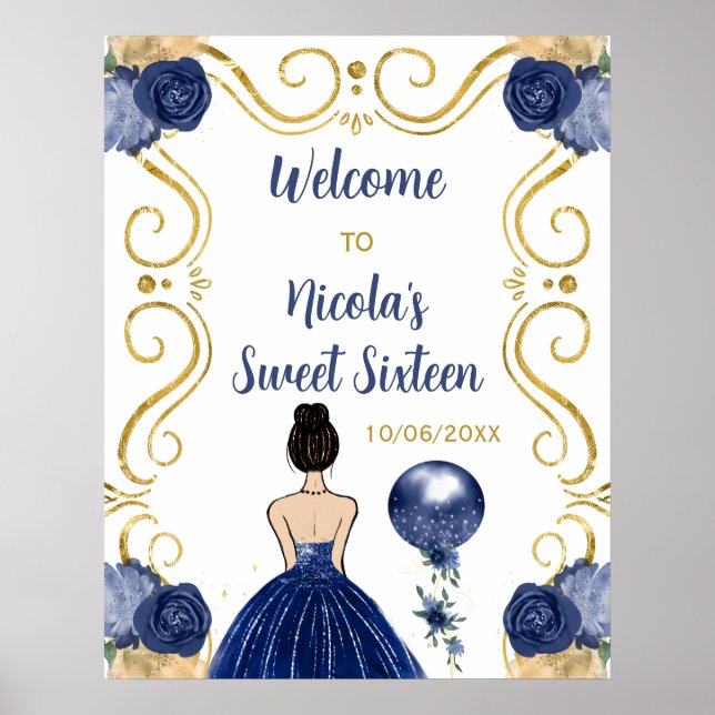 Sweet Sixteen Brown Hair Princess Navy Welcome Poster (Front)