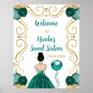 Sweet Sixteen Brown Hair Princess Teal Welcome Poster