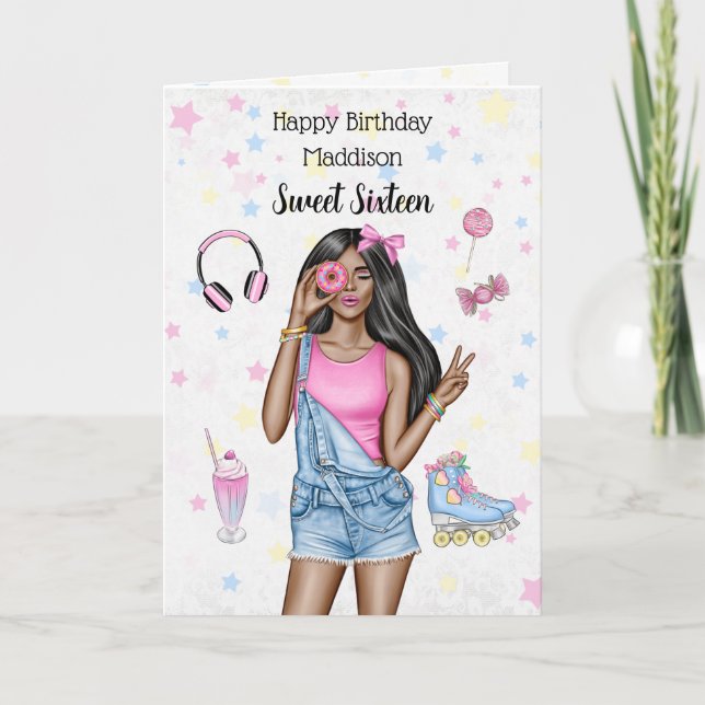 Sweet Sixteen Brown Roller Girl Happy Birthday Holiday Card (Front)