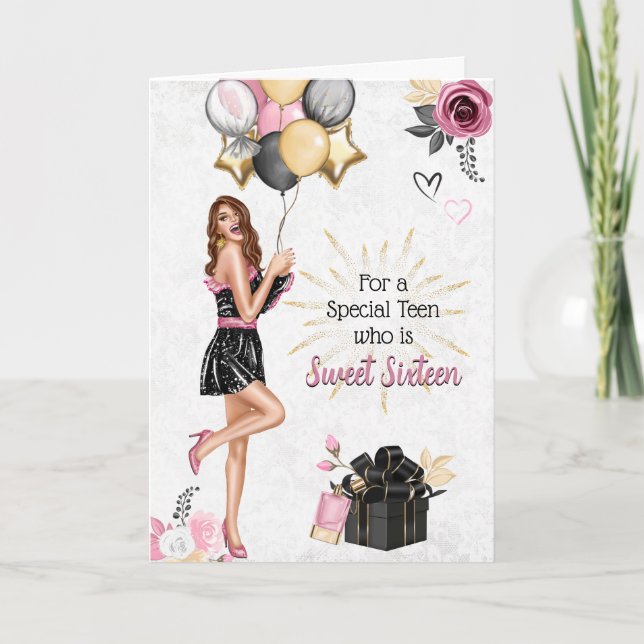 Sweet Sixteen Brunette Girl Happy Birthday Card (Front)